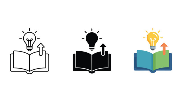 Idea generation knowledge acquisition innovation learning enlightenment open book lightbulb arrow creative thinking symbol