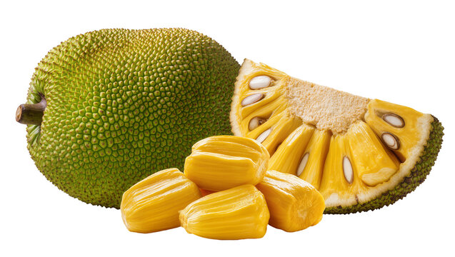Whole jackfruit with cut slice and segments