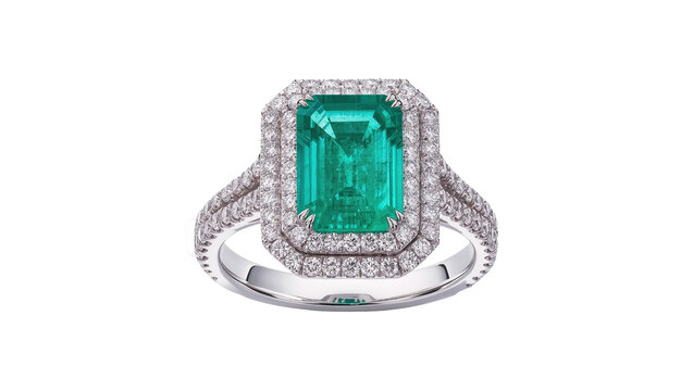 Emerald cut emerald ring with diamond halo, isolated on transparent background