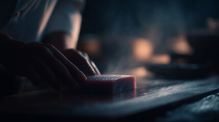 Fototapeta premium Cinematic Chef Preparing Fresh Tuna with Moody Kitchen Lighting