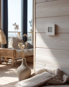 Minimalist Room with Smart Home Device and Natural Decor Elements