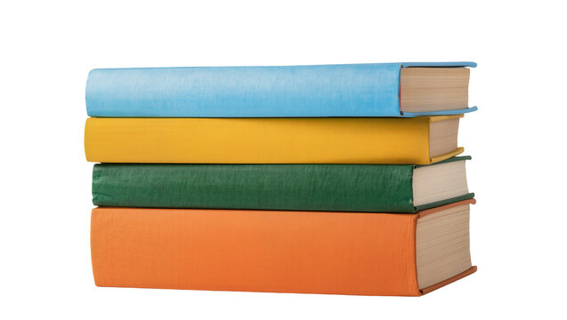Stack of four hardcover books in blue yellow green, and orange