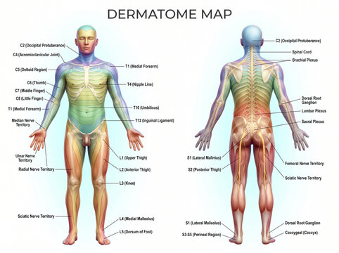 Detailed medical dermatome map showing human body anatomy with color coded sections for spinal nerves and nervous system sensory areas