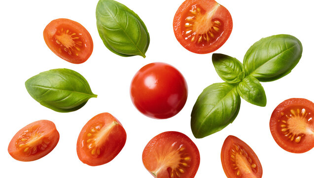 Fresh cherry tomatoes and basil leaves scattered