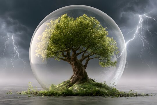 A Healthy Tree Under a Protective Glass Shield in a Stormy Environment