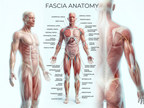 Detailed medical illustration showing human body fascia anatomy with labels for various muscle layers and connective tissue structures on white