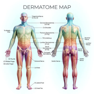 Detailed medical illustration showing human dermatome map with labeled nerve pathways and sensory regions for educational scientific research purposes today