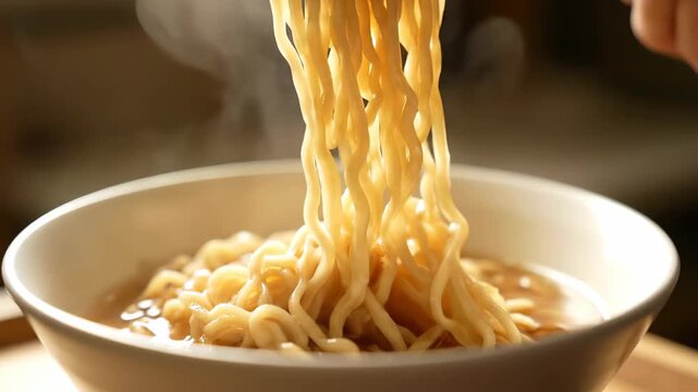 Chopsticks pick up steaming noodles and steaming instant noodles