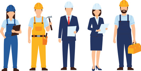 Construction workers and engineers, architects with helmets holding tools and documents, building industry teamwork, vector illustration © Nafij World
