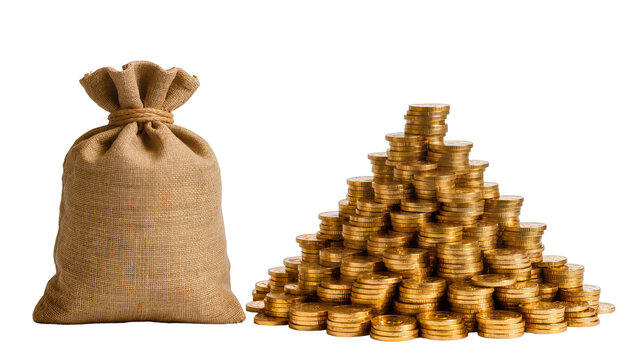 Burlap money bag next to large pile of gold coins
