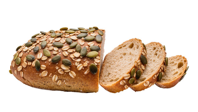 Whole grain bread loaf with pumpkin seeds and oats, sliced