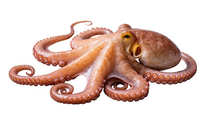 Whole cooked octopus with curled tentacles, isolated on transparent background © Emilija
