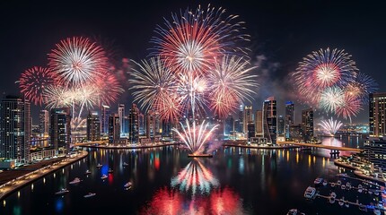 Fototapeta premium Spectacular fireworks display illuminates the night sky over a modern cityscape with a reflective river.