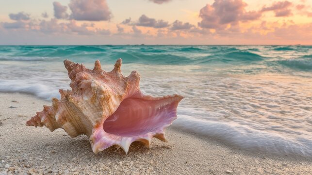 Large seashell rests upon wet sand as gentle ocean waves lap the shore during twilight