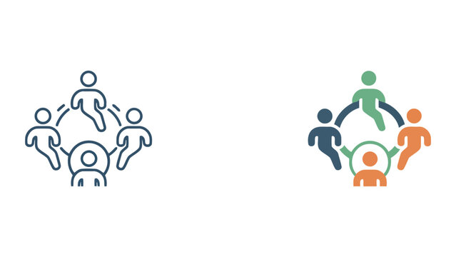 Business team building concept graphic showing four stylized people sitting in a circle connected by a ring representing unity and collective cooperation in modern corporate environments