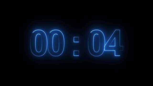 Countdown timer displays the blue neon digits four seconds remaining on a dark black background which provides enough negative space for any necessary text overlays in a modern digital graphic design.