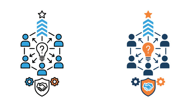 Group of people connecting to a central lightbulb with handshake shield and gear icons vector graphic representing leadership innovation and collaborative security in business management strategies