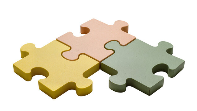 Four interlocking puzzle pieces in pastel yellow peach, and green