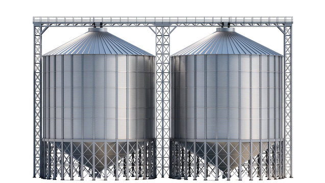 Two large metal grain silos with connecting walkway
