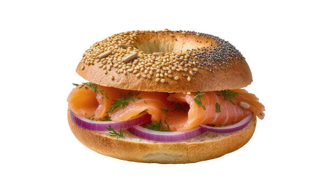 Sesame seed bagel sandwich with smoked salmon red onion, and dill