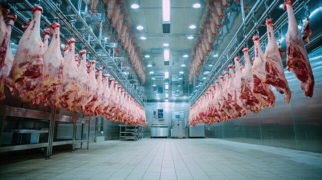 Meat Processing Factory: Rows of carcasses hang in a cold storage facility, awaiting further processing. A stark depiction of industrial food production.
