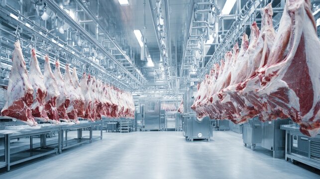 Meat processing factory: A large-scale meat processing facility showcases rows of animal carcasses hanging from hooks, ready for distribution.