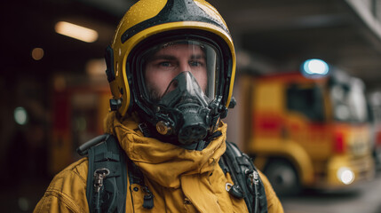 Fototapeta premium Firefighter wearing protective breathing equipment standing inside a fire station ready for emergency response rescue operations and safety training