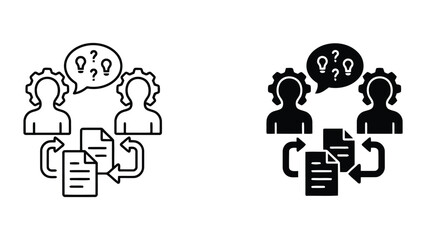 Fototapeta premium People team sharing ideas and documents with question marks vector icon set representing group communication and knowledge exchange in modern business flat design style for corporate workflow