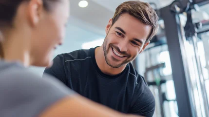 Friendly personal fitness trainer motivating a client during exercise session in a modern gym focused on health rehabilitation and active lifestyle © gleb