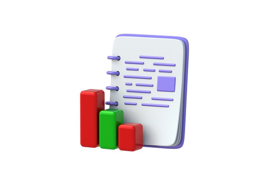 Financial loss planning. Economic recession notes. Budget deficit auditing. Crisis management checklist. Notebook beside decreasing bar chart isolated on white background. 3d render