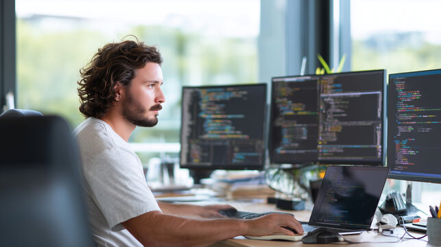 Professional software developer working at multiple computer monitors writing source code in a modern office for programming technology and innovation