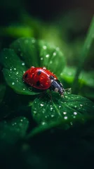 Close-up of a red ladybug resting on a fresh green leaf covered with rain droplets creating a vibrant natural macro background for ecology themes © gleb