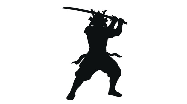 Samurai warrior with katana in fighting pose black silhouette
