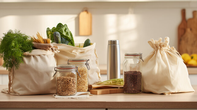 Reusable grocery bags and glass containers with healthy ingredients supporting sustainable shopping and zero waste living