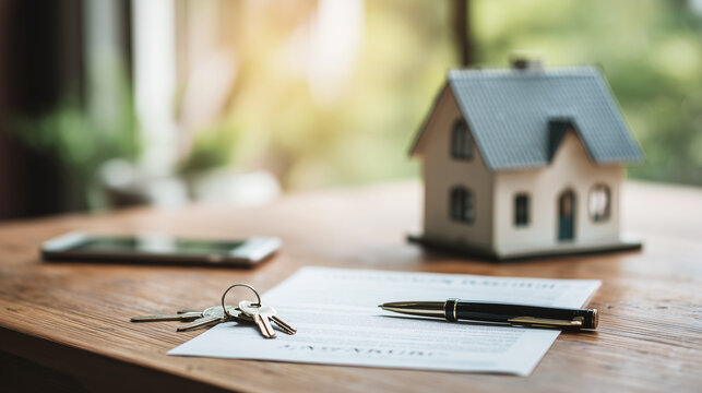 House model with keys, signed property documents and pen on a bright desk representing home purchase, mortgage agreement and real estate ownership