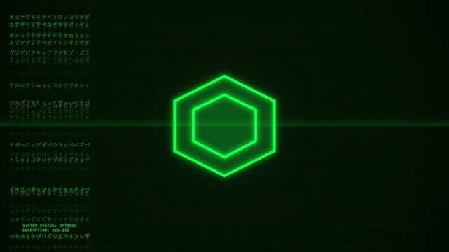 Abstract neon hexagon geometric shape animation with digital code background