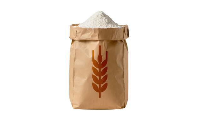 Paper bag full of white flour with wheat symbol