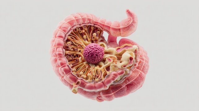 Microscopic View: A highly detailed, microscopic representation of a tumor within the colon, showcasing its cellular structure and the surrounding intestinal lining.