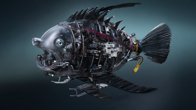 Futuristic robotic deep sea fish with exposed mechanical components and cybernetic design isolated on dark background for sci fi technology concepts