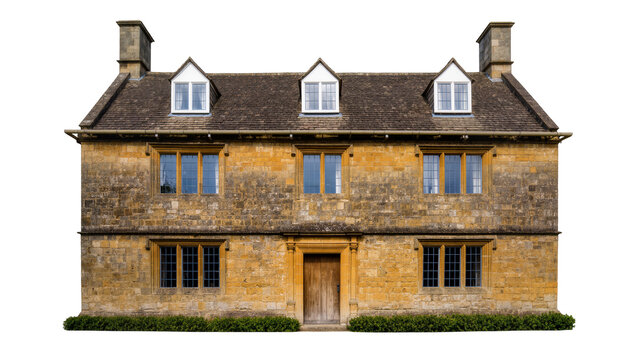 Stone country house with dormer windows and chimney
