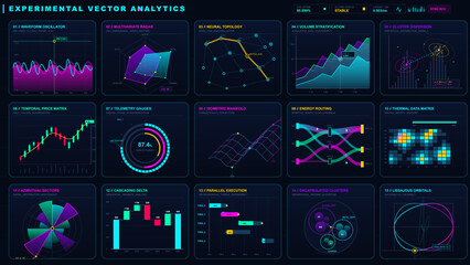 Futuristic sci-fi dashboard interface featuring glowing neon data visualization charts, complex graphs, and HUD elements on a dark background. Vector illustration © Антон Сальников