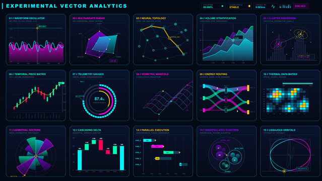 Futuristic sci-fi dashboard interface featuring glowing neon data visualization charts, complex graphs, and HUD elements on a dark background. Vector illustration