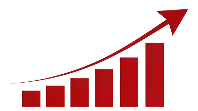 Red bar chart with upward trending arrow