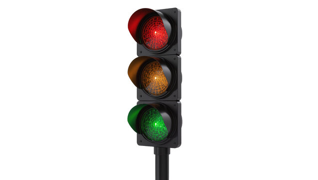 Traffic light with red yellow, and green lights illuminated