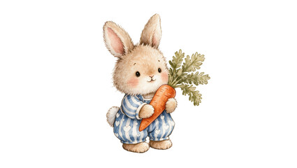 Obraz premium Cute fluffy bunny in blue striped overalls holding a fresh carrot, isolated on transparent background