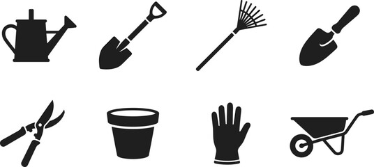 Gardening tools and agricultural equipment black silhouette icon set isolated on white background flat vector illustration © Mokbul
