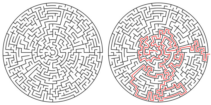 Circular maze puzzle with solution, classic horizontal round labyrinth vector illustration for activity book, logic game and brain training