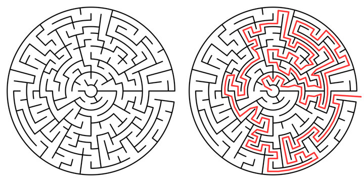 Circular maze puzzle with solution, classic round labyrinth vector illustration for activity book, logic game and brain training