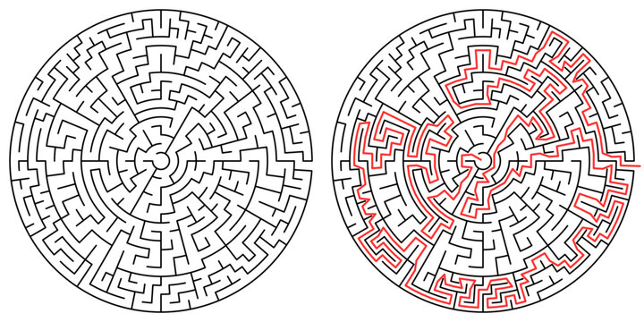 Circular maze puzzle with solution, classic round labyrinth vector illustration for activity book, logic game and brain training