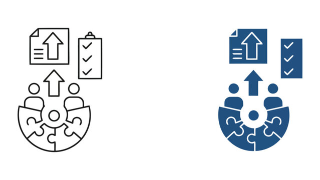 Team project completion and document upload icons featuring puzzle pieces and checklist for collaborative task management and strategic goal achievement in professional flat vector design style